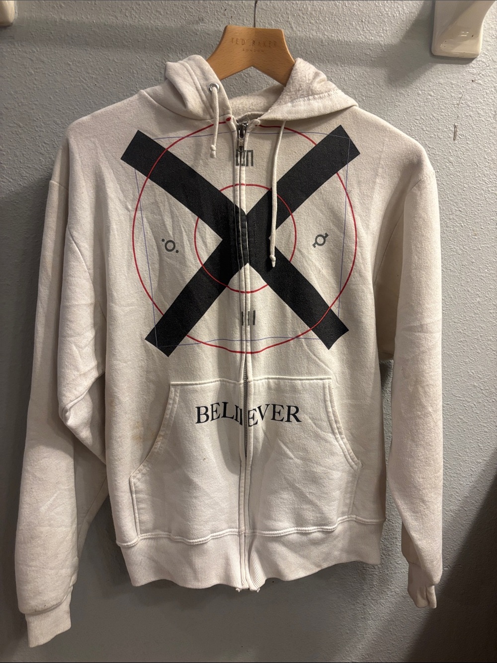 Jerzees Cream Zip-Up Hoodie with Black and Red Graphic